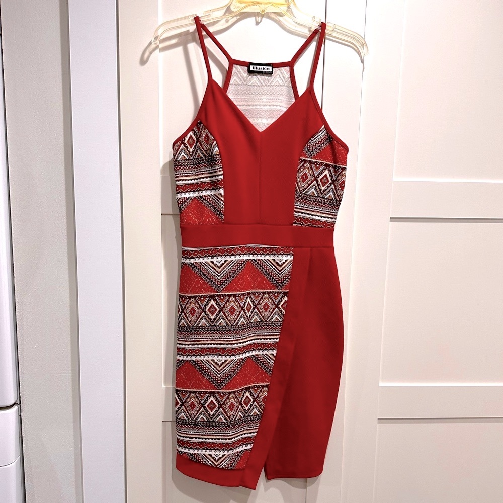 Southwestern Boho Spaghetti Strap Racerback Knee-Length Dress in Rust/Copper